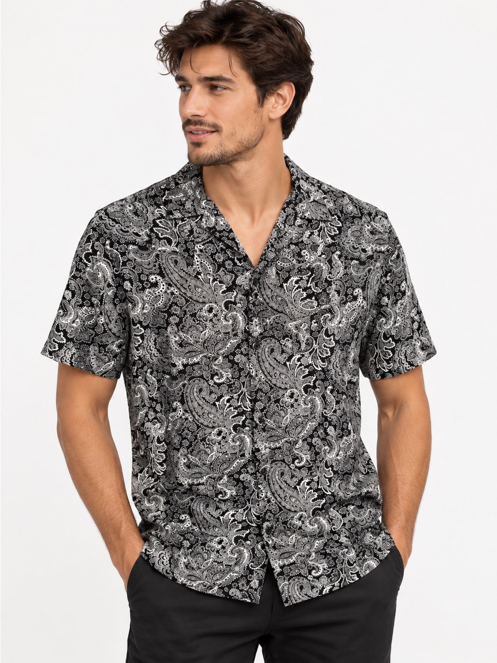 The Kooples Men's Black & White Paisley Short Sleeve Shirt size medium